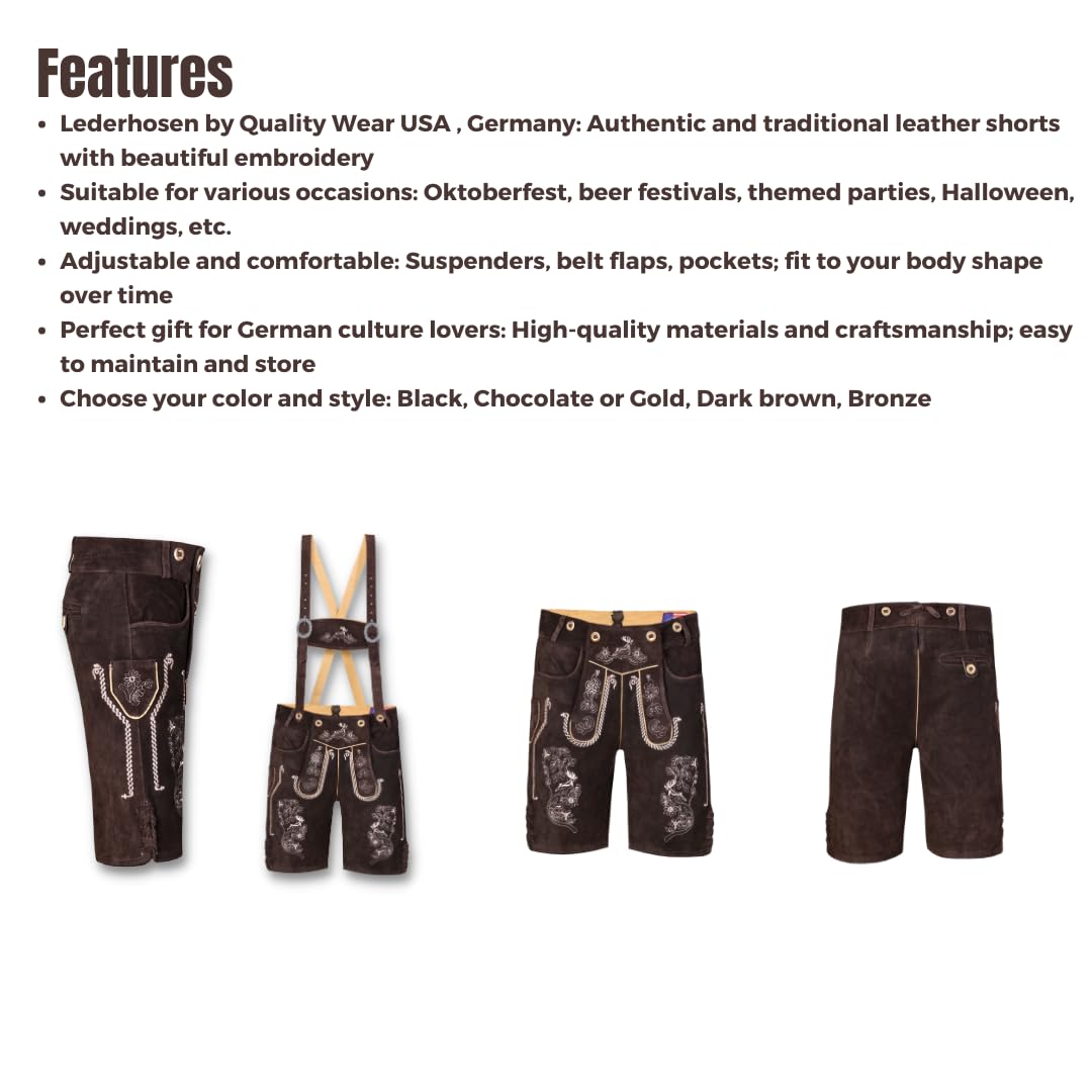 QUALITY WEARS USA Lederhosen Men - Authentic German Bavarian Lederhosen - Men Oktoberfest Lederhosen (Bronze Mocha Brown)