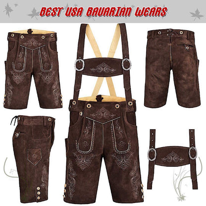 QUALITY WEARS USA Men Lederhosen - Authentic Lederhosen - Leather German Lederhosen for Men, Oktoberfest Outfit - Light Brown