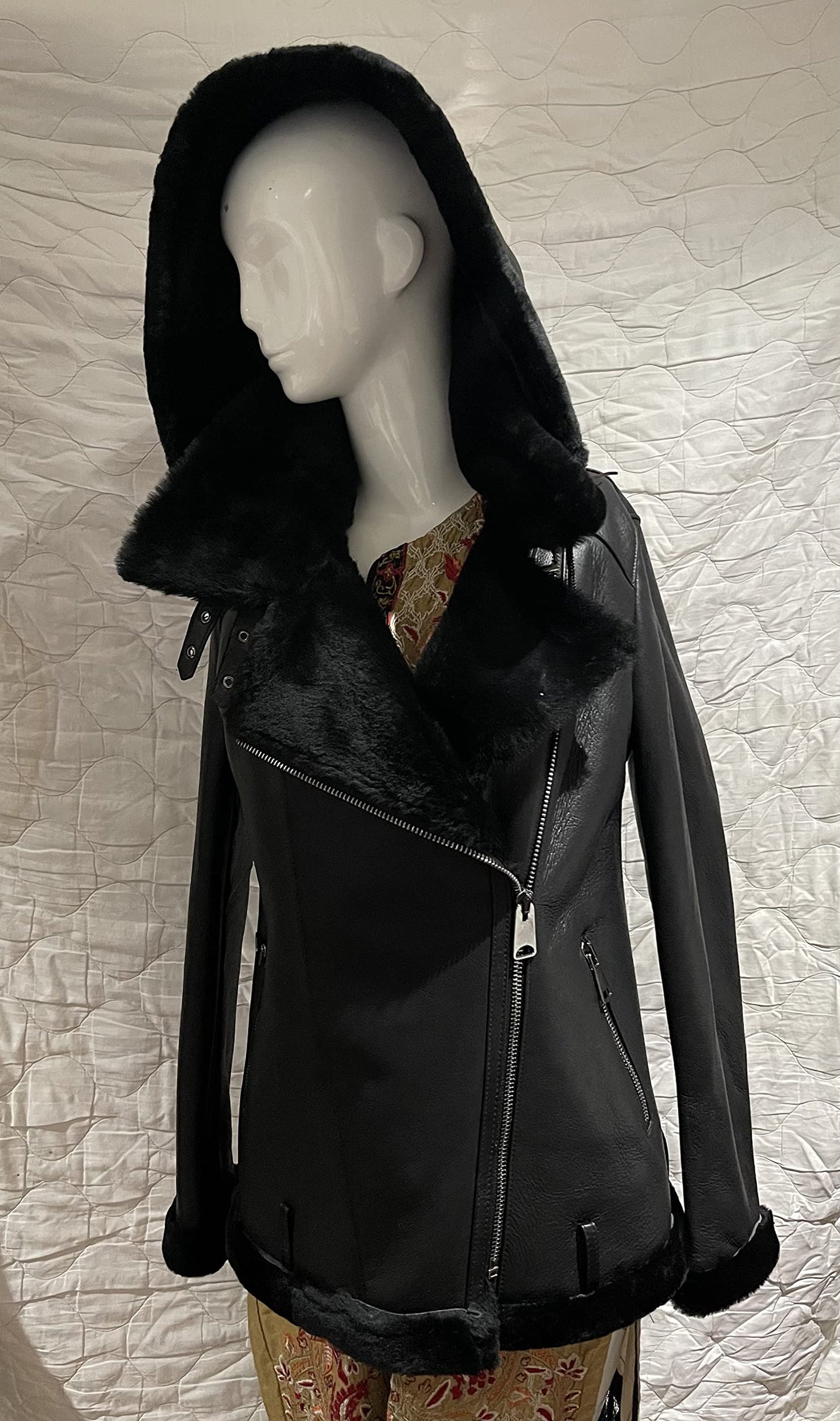 Women Sheepskin Shearling Leather Bomber Jacket Aviator WWII Bomber Jacket 100% Natural Wool Fur Pilot Jacket (Black- Fur)