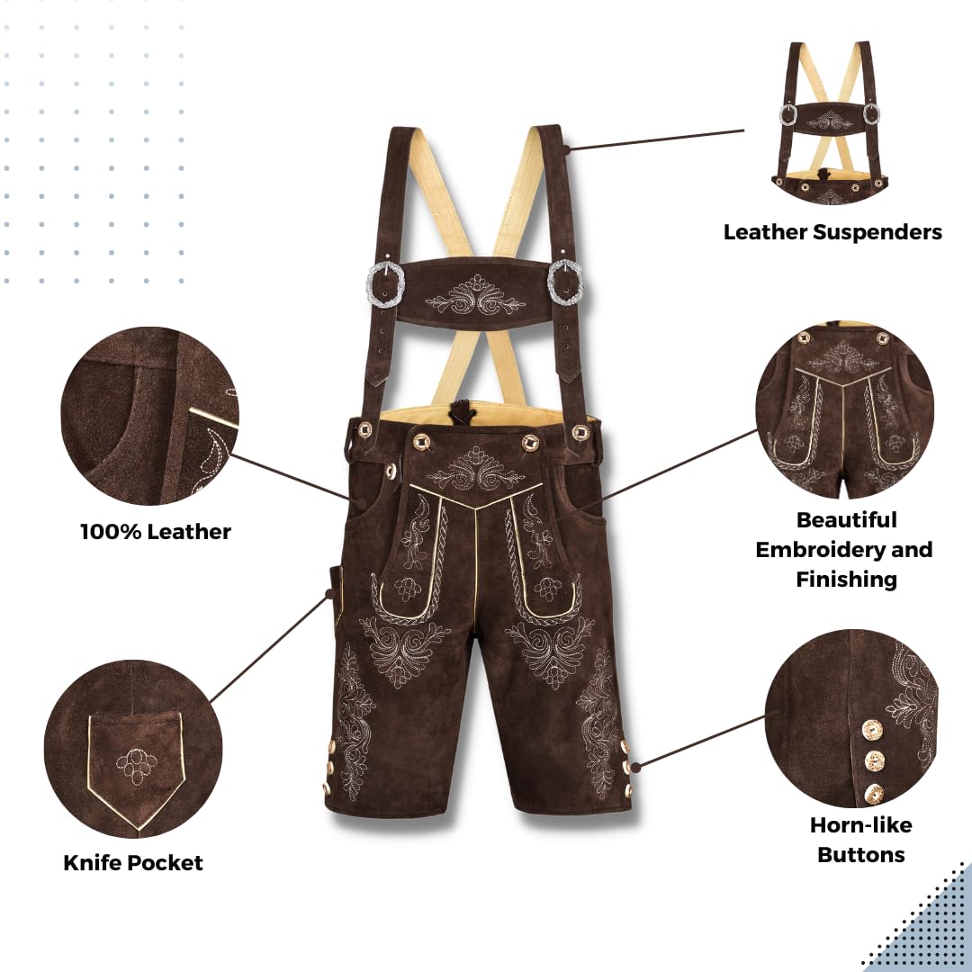 QUALITY WEARS USA Men Lederhosen - Authentic Lederhosen - Leather German Lederhosen for Men, Oktoberfest Outfit - Light Brown