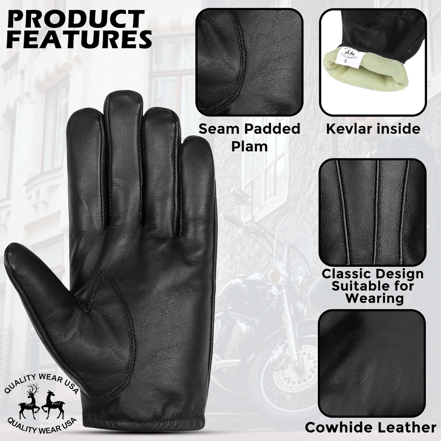 QUALITY WEARS USA Touchscreen Compatible Leather Gloves with Kevlar Lining for Safety and Comfort in Police and Security (BLACK, XXL)