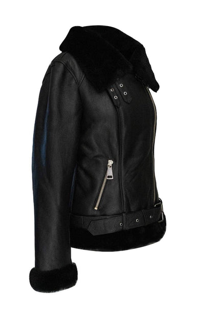 Women Sheepskin Shearling Leather Bomber Jacket Aviator WWII Bomber Jacket 100% Natural Wool Fur Pilot Jacket (Black- Fur)