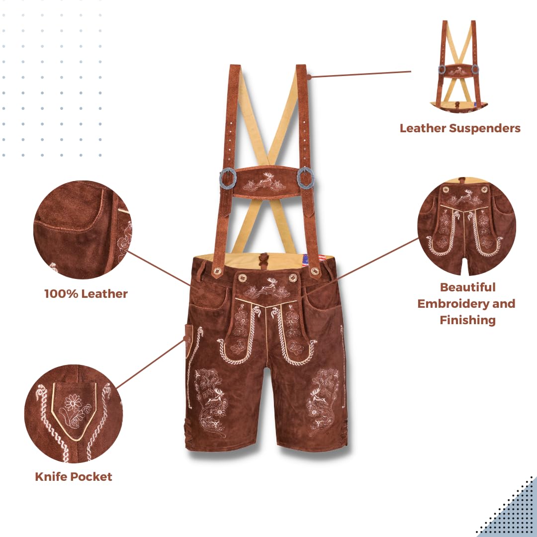 QUALITY WEARS USA Men Lederhosen - Authentic Lederhosen - Leather German Lederhosen for Men, Oktoberfest Outfit - Hazel Brown