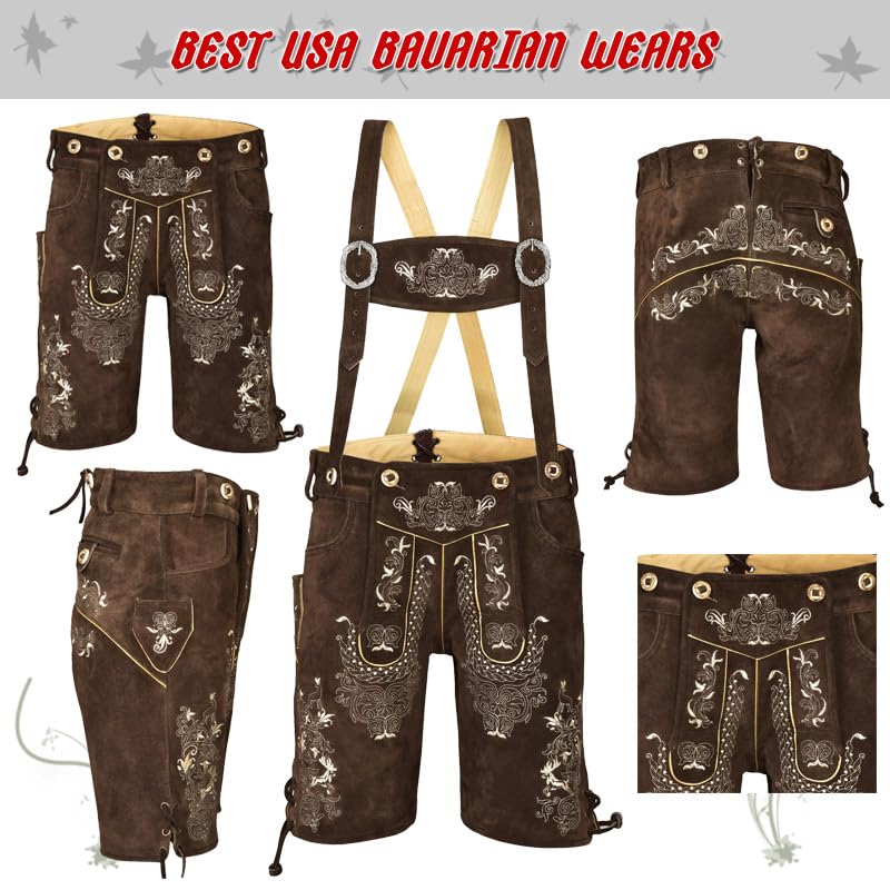 QUALITY WEARS USA Lederhosen Men - Authentic Lederhosen - Leather German Lederhosen for Men,- Brown Style 1