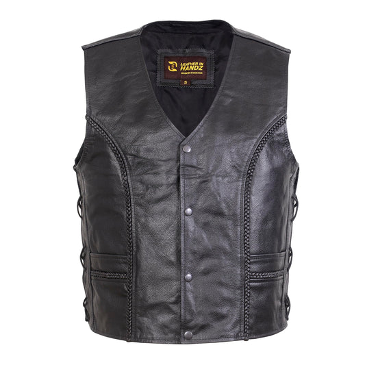 QUALITY WEARS USA Motorcycle Leather Vests for Men Braided - Leather Motorcycle Conceal Carry Vest - Men Biker Leather Vest