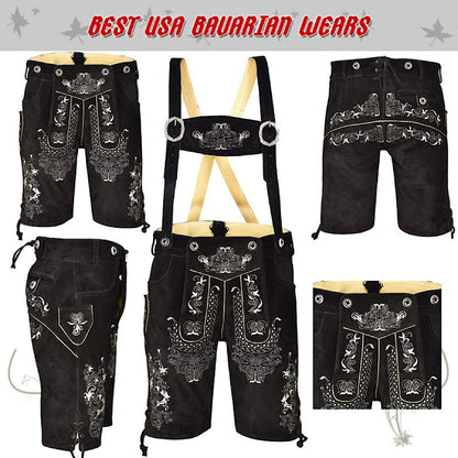 QUALITY WEARS USA Lederhosen Men - Authentic Lederhosen - Leather German Lederhosen for Men, Oktoberfest Outfit - Black