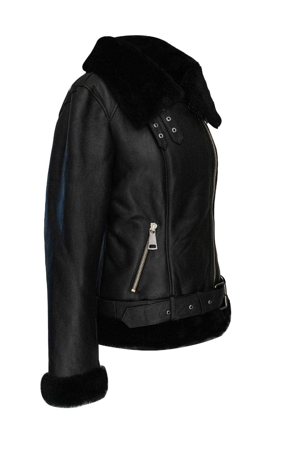 Women Sheepskin Shearling Leather Bomber Jacket Aviator WWII Bomber Jacket 100% Natural Wool Fur Pilot Jacket (Black- Fur)