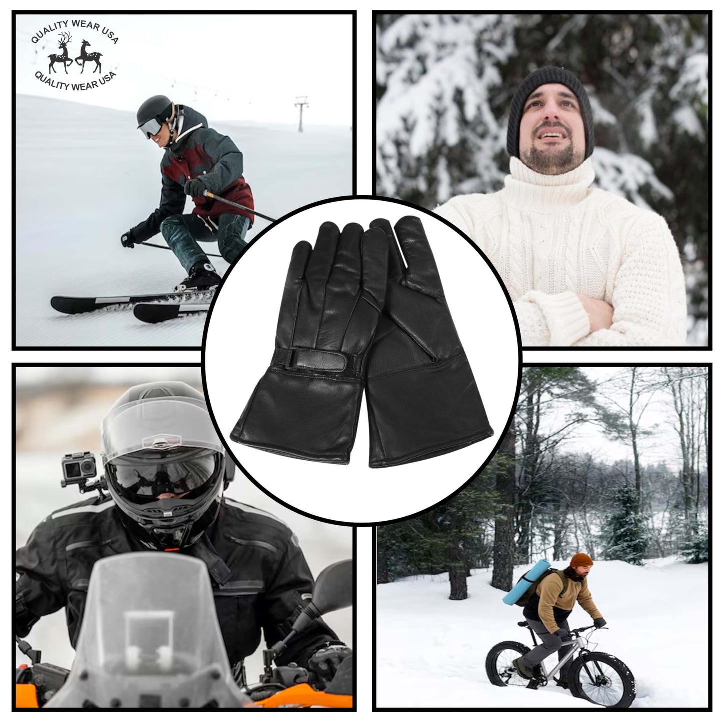 QUALITY WEARS USA Men's Leather Gauntlet Motorcycle Gloves- Motorcycle Thermal Lined Gloves- Leather Gauntlet Gloves