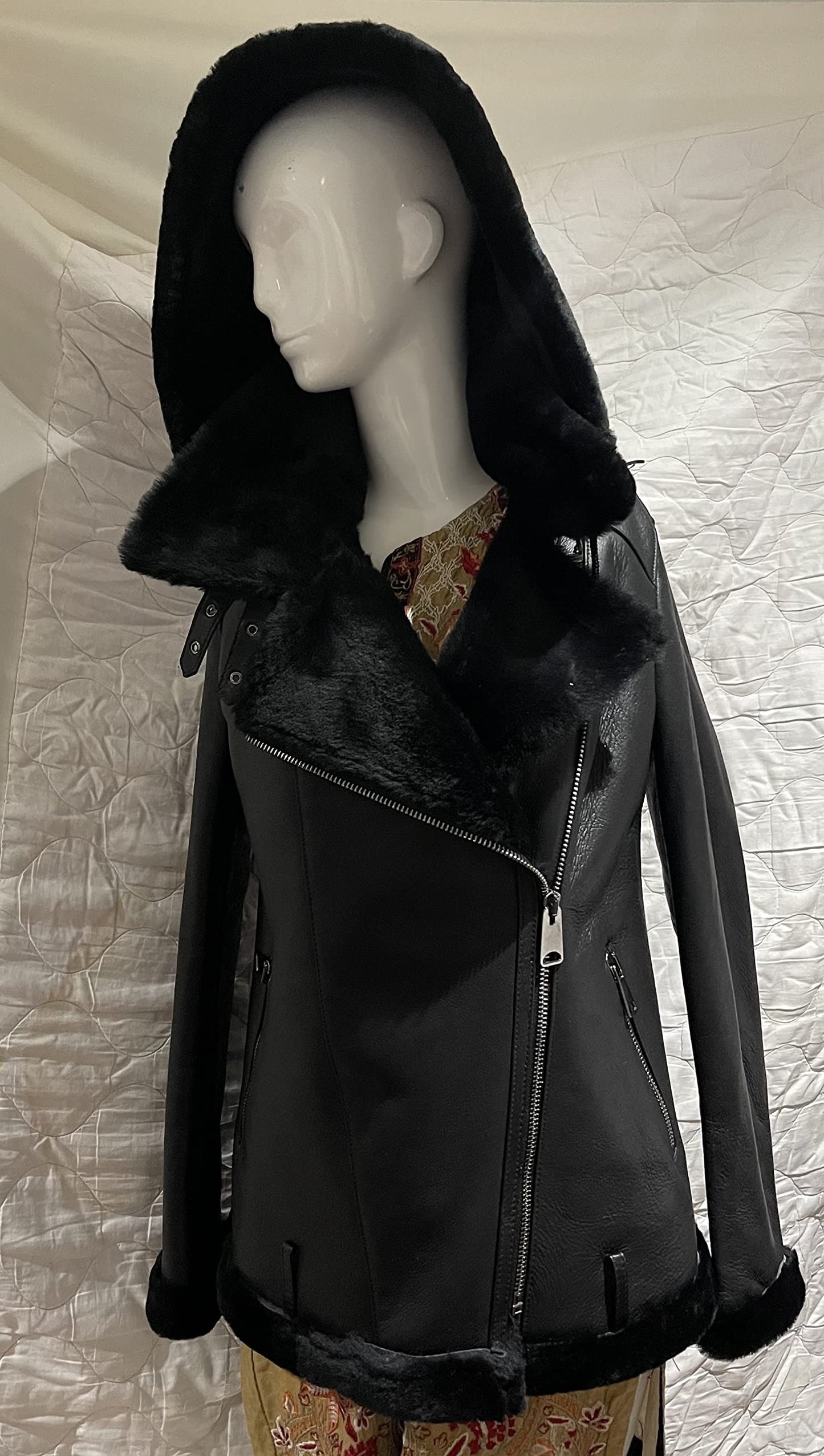 Women Sheepskin Shearling Leather Bomber Jacket Aviator WWII Bomber Jacket 100% Natural Wool Fur Pilot Jacket (Black- Fur)