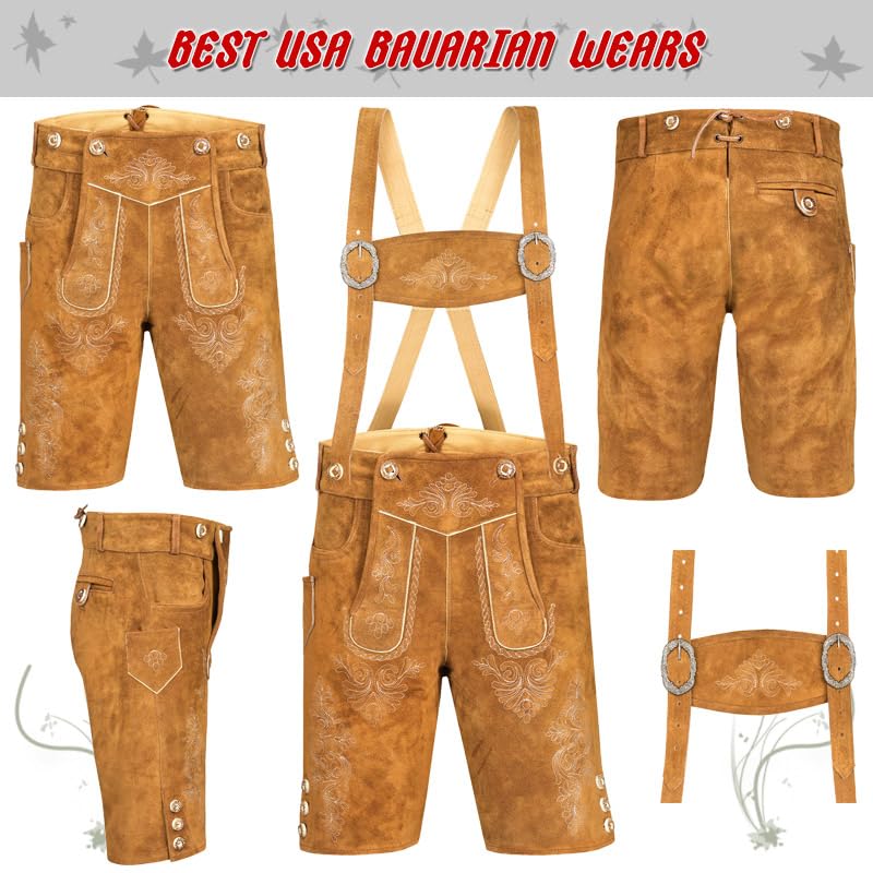 QUALITY WEARS USA Lederhosen Men - Authentic German Bavarian Lederhosen - Men Oktoberfest Lederhosen (Style 2)