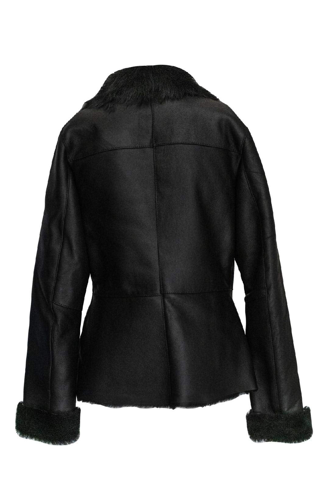 Sheepskin Shearling Leather Bomber Jacket 100% Natural Wool Fur Pilot Jacket (Black- Fur)