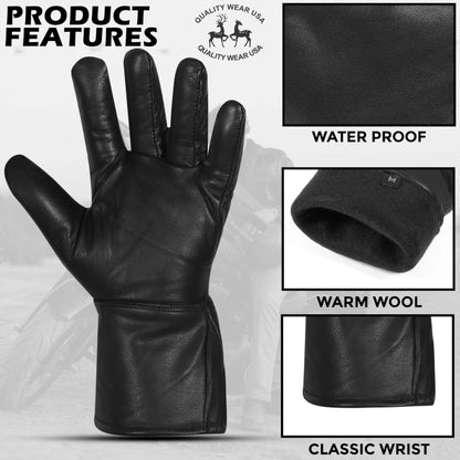 QUALITY WEARS USA Men's Leather Gauntlet Motorcycle Gloves- Motorcycle Thermal Lined Gloves- Leather Gauntlet Gloves