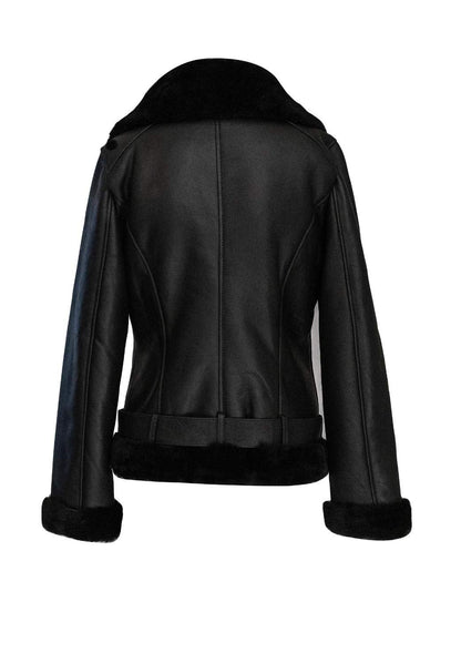 Women Sheepskin Shearling Leather Bomber Jacket Aviator WWII Bomber Jacket 100% Natural Wool Fur Pilot Jacket (Black- Fur)