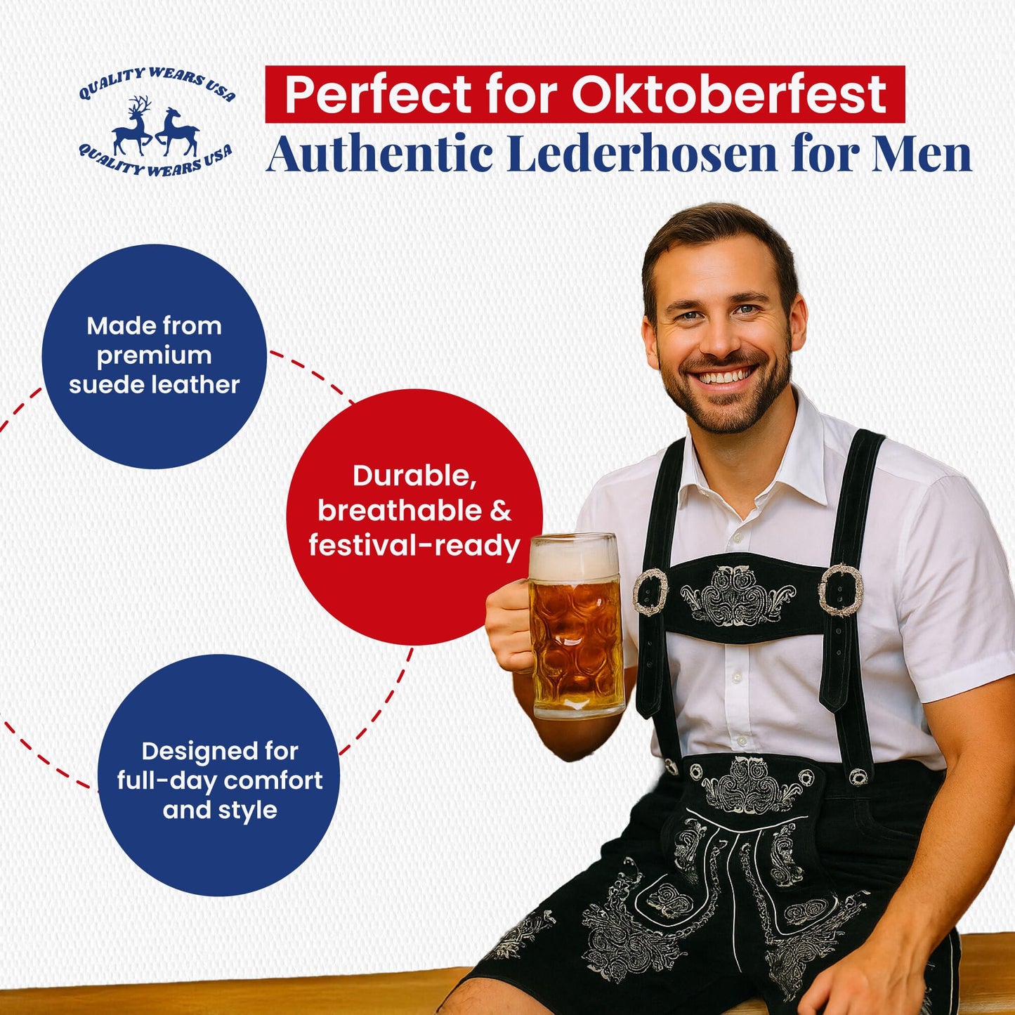 QUALITY WEARS USA Lederhosen Men - Authentic Lederhosen - Leather German Lederhosen for Men, Oktoberfest Outfit - Black
