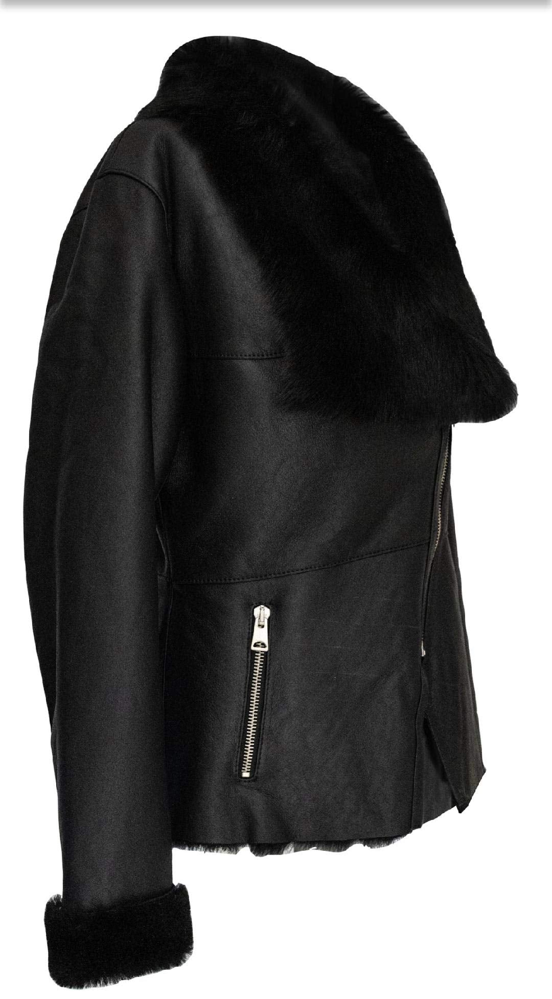 Sheepskin Shearling Leather Bomber Jacket 100% Natural Wool Fur Pilot Jacket (Black- Fur)