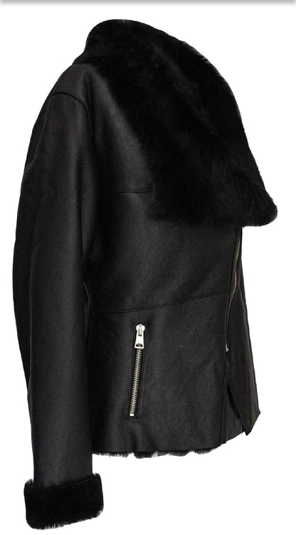 Sheepskin Shearling Leather Bomber Jacket 100% Natural Wool Fur Pilot Jacket (Black- Fur)