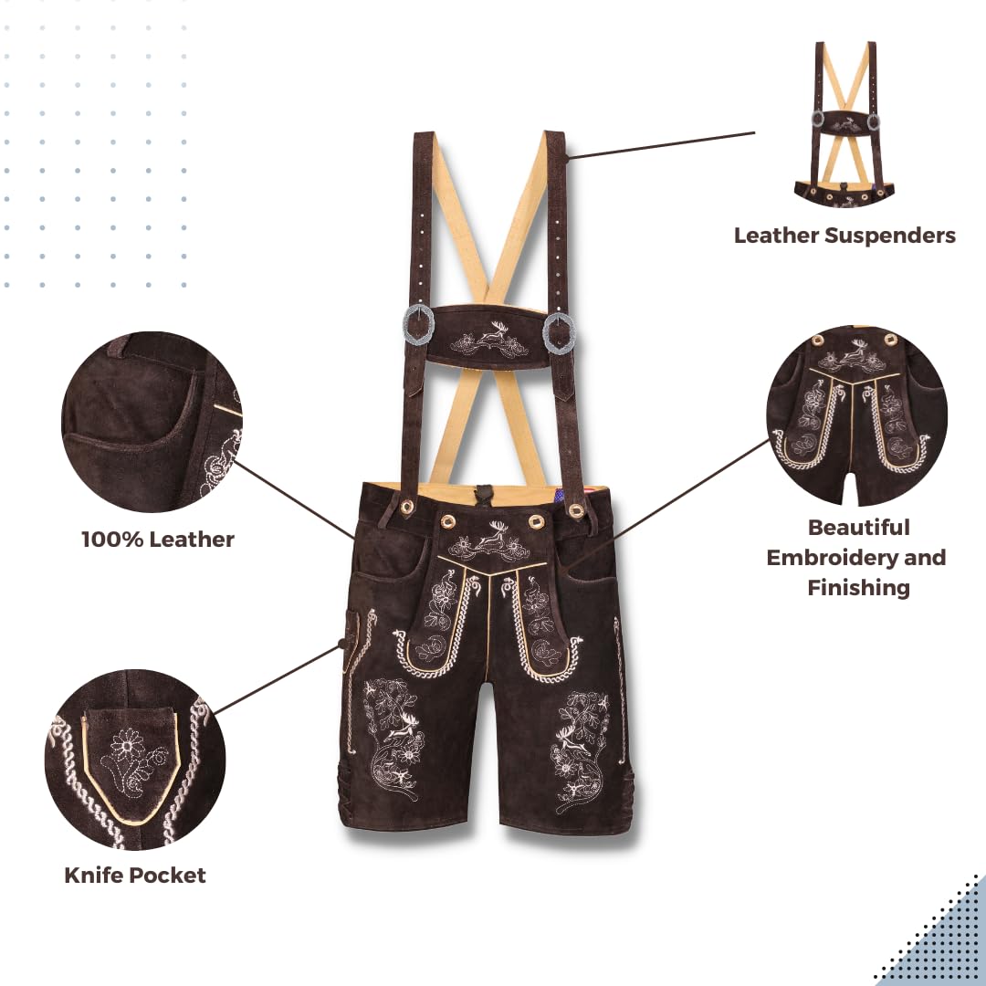 QUALITY WEARS USA Lederhosen Men - Authentic German Bavarian Lederhosen - Men Oktoberfest Lederhosen (Bronze Mocha Brown)