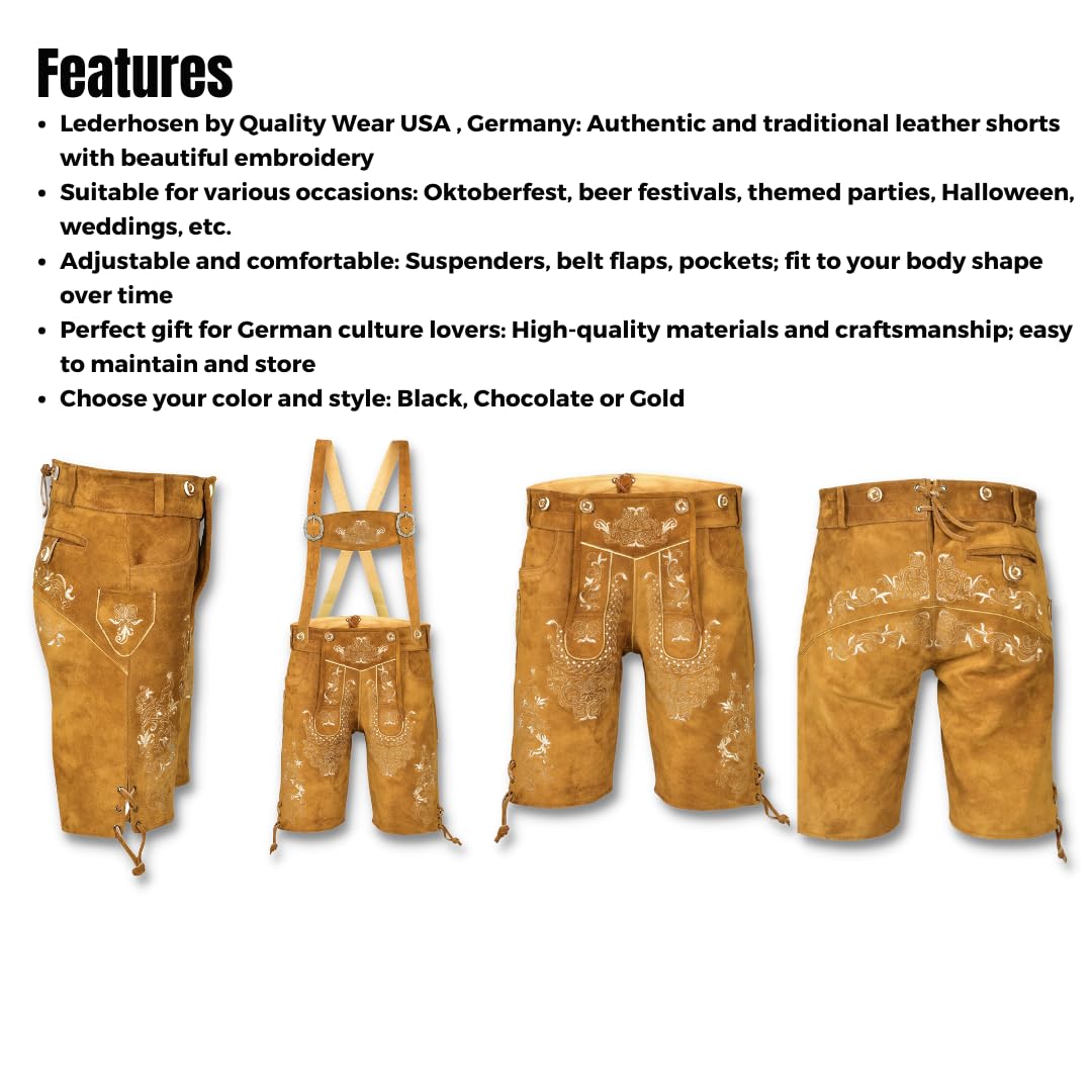 QUALITY WEARS USA Lederhosen Men - Authentic German Bavarian Lederhosen - Men Oktoberfest Lederhosen (Style 1)