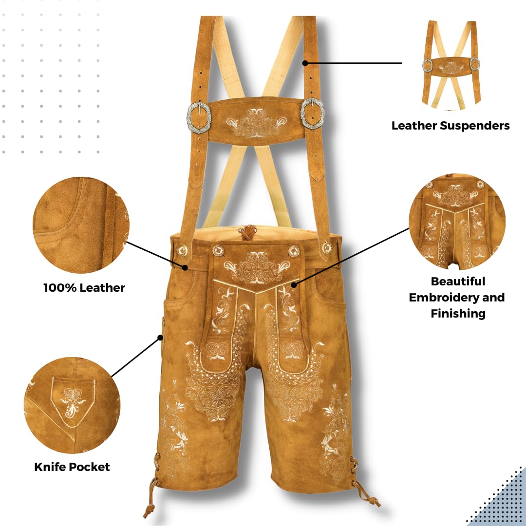 QUALITY WEARS USA Lederhosen Men - Authentic German Bavarian Lederhosen - Men Oktoberfest Lederhosen (Style 1)