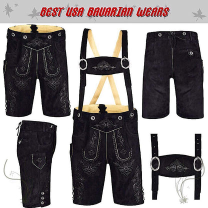 QUALITY WEARS USA Men Lederhosen - Authentic Lederhosen - Leather German Lederhosen for Men, Oktoberfest Outfit - Black