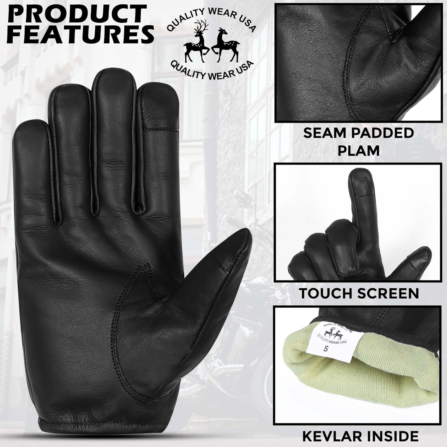QUALITY WEARS USA Touchscreen Compatible Leather Gloves with Kevlar Lining for Safety and Comfort in Police and Security (BLACK, XL)