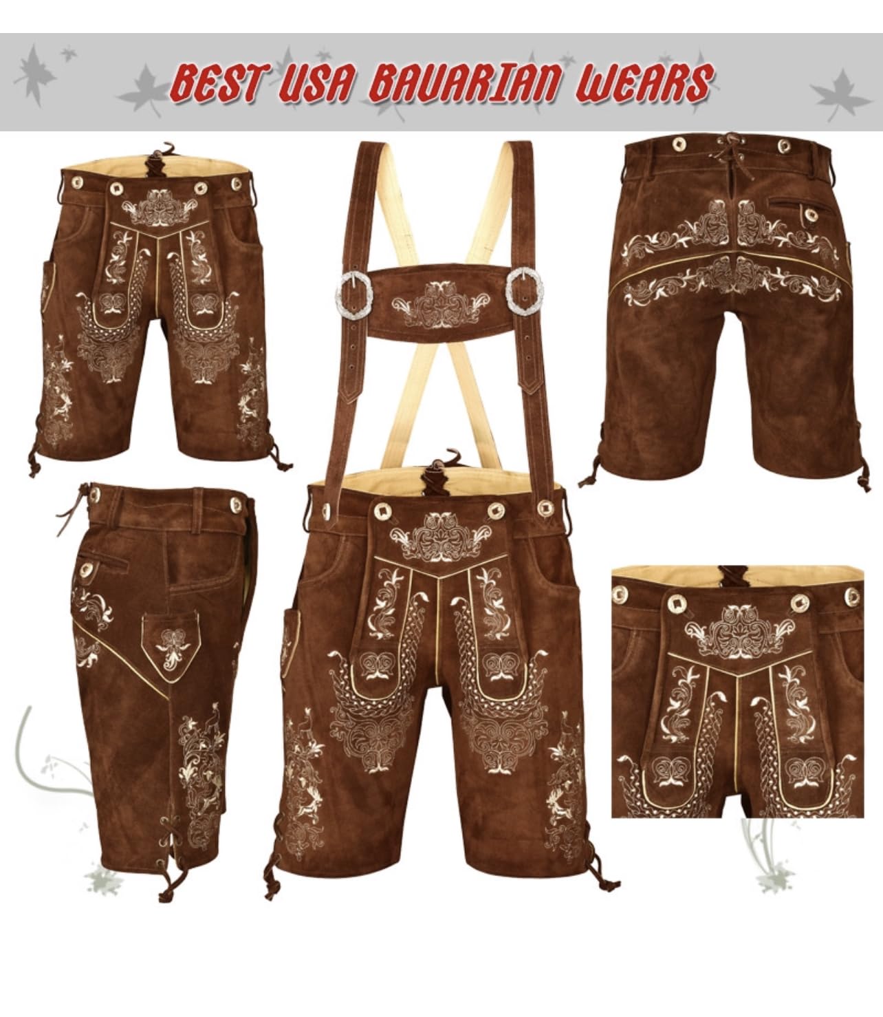 QUALITY WEARS USA Men Lederhosen - Authentic Lederhosen - Leather German Lederhosen for Men, Oktoberfest Outfit - Light Brown