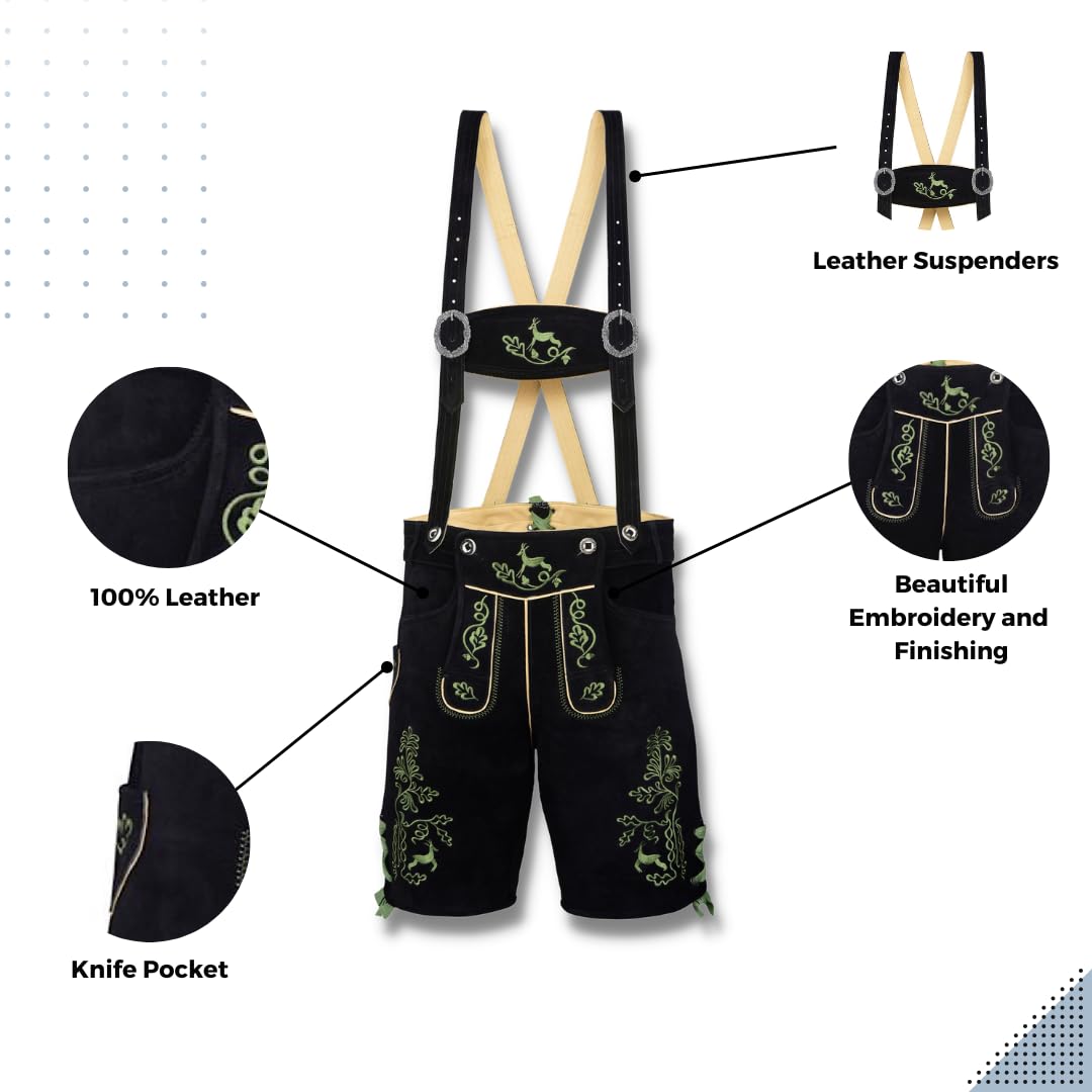 QUALITY WEARS USA Men Lederhosen - Authentic Lederhosen - Leather German Lederhosen for Men - Black & Green