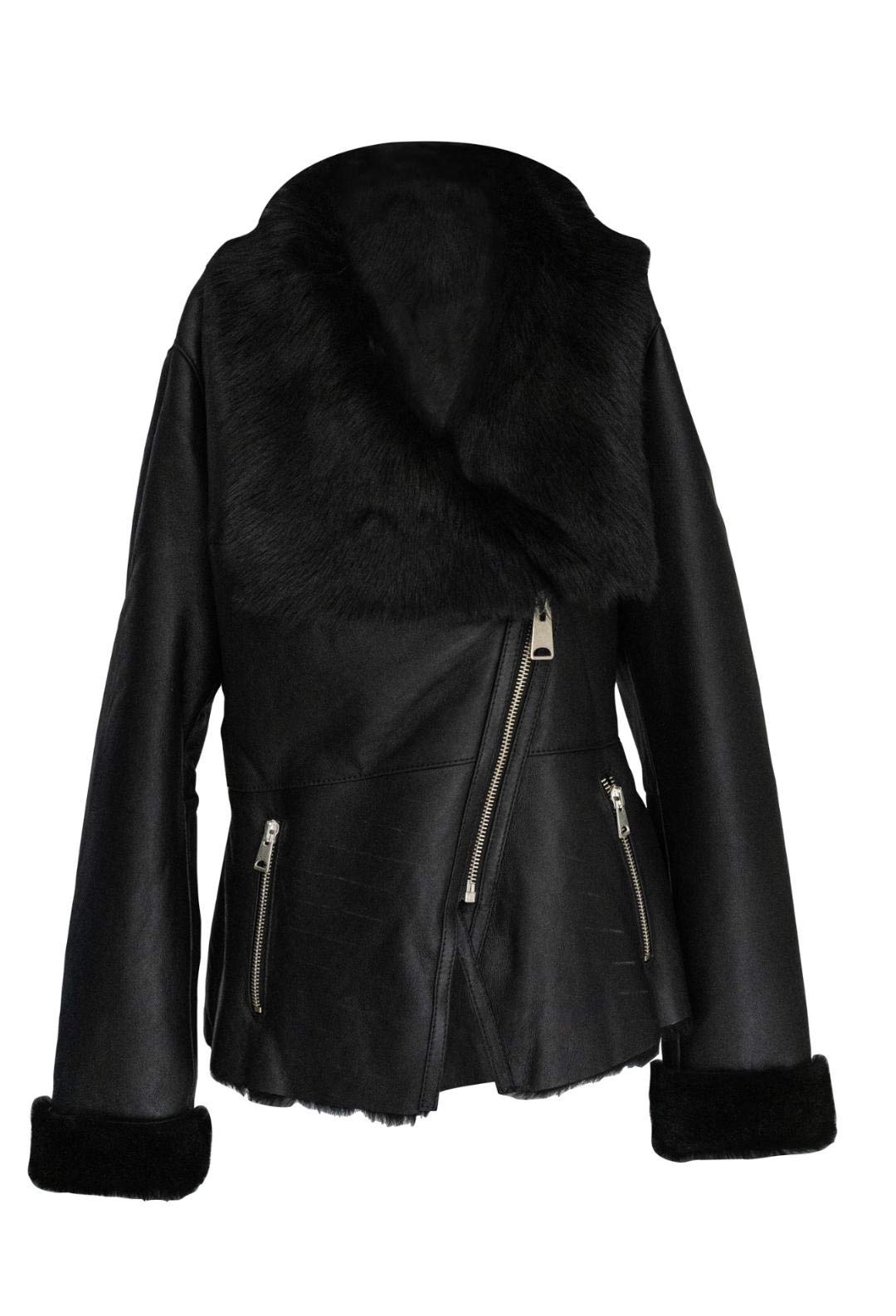 Sheepskin Shearling Leather Bomber Jacket 100% Natural Wool Fur Pilot Jacket (Black- Fur)