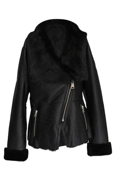 Sheepskin Shearling Leather Bomber Jacket 100% Natural Wool Fur Pilot Jacket (Black- Fur)