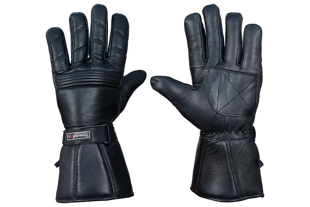 QUALITY WEARS USA Men Leather Gauntlet Motorcycle Gloves- Motorcycle Thermal Lined Gloves- Biker Winter Gauntlet Gloves