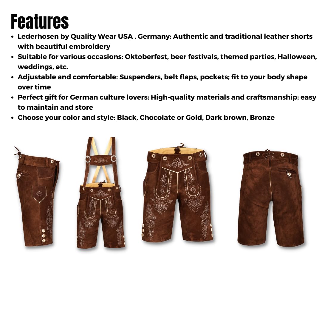 QUALITY WEARS USA Men Lederhosen - Authentic Lederhosen - Leather German Lederhosen for Men, Oktoberfest Outfit - Light Brown