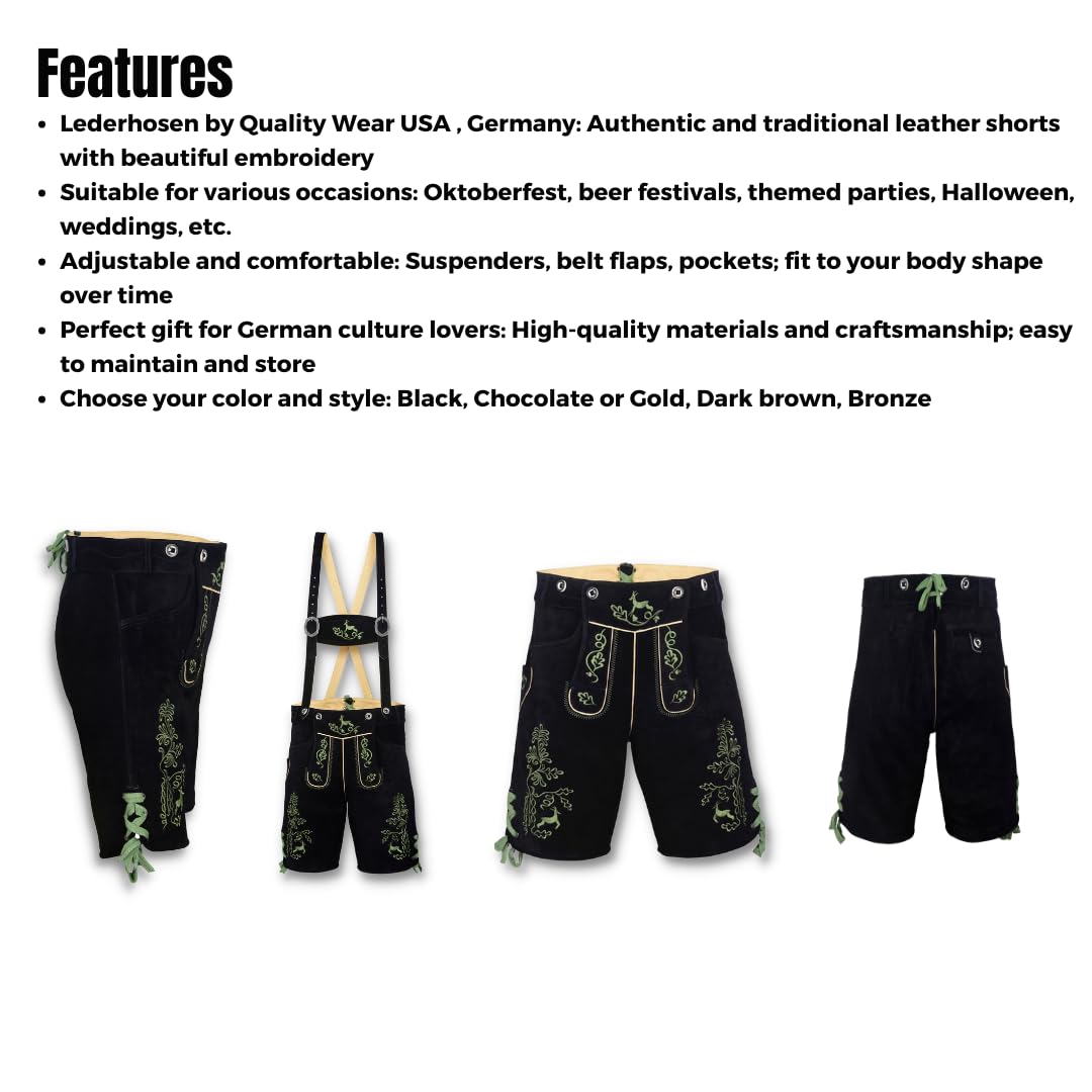 QUALITY WEARS USA Men Lederhosen - Authentic Lederhosen - Leather German Lederhosen for Men - Black & Green