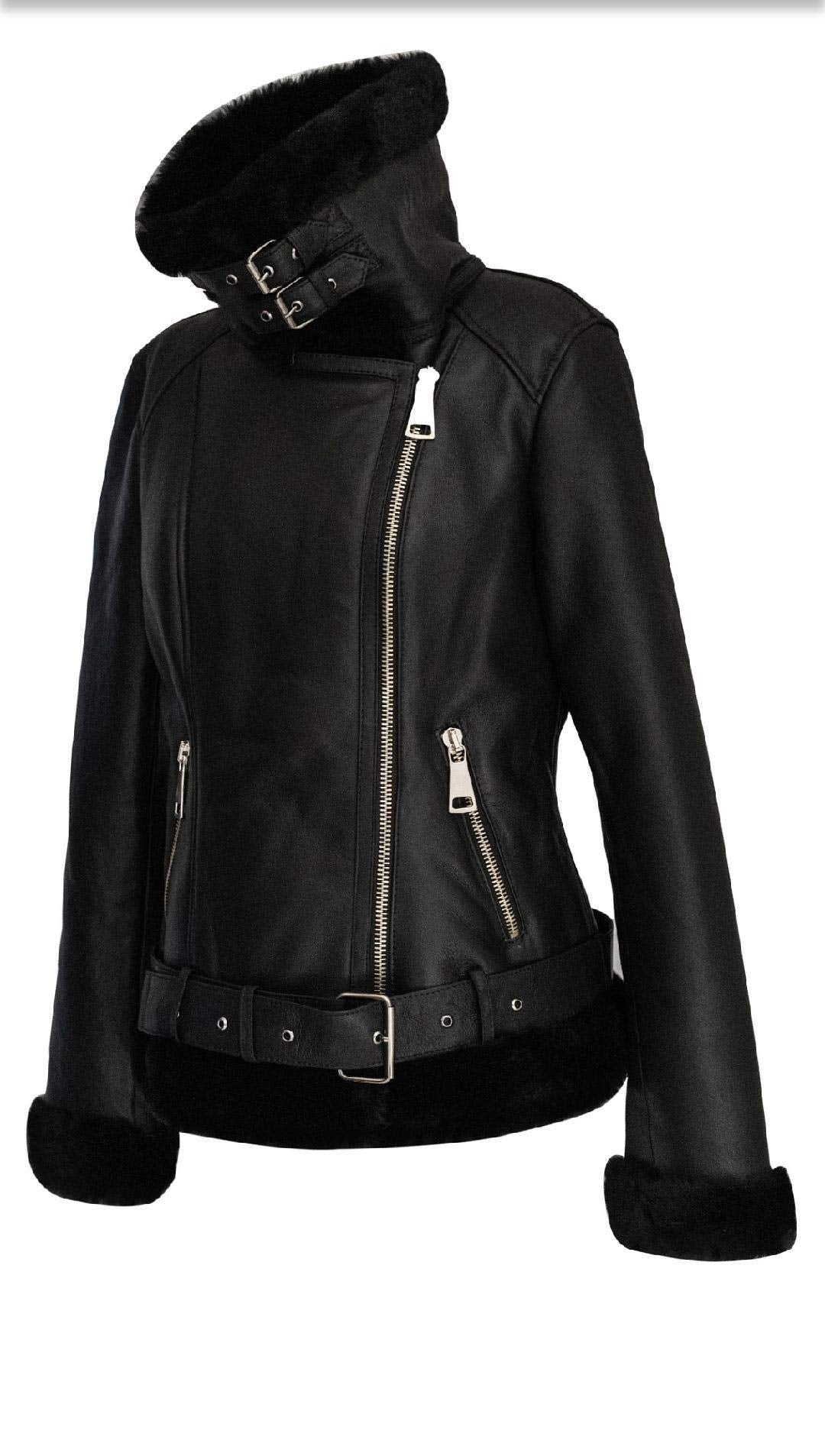 Women Sheepskin Shearling Leather Bomber Jacket Aviator WWII Bomber Jacket 100% Natural Wool Fur Pilot Jacket (Black- Fur)