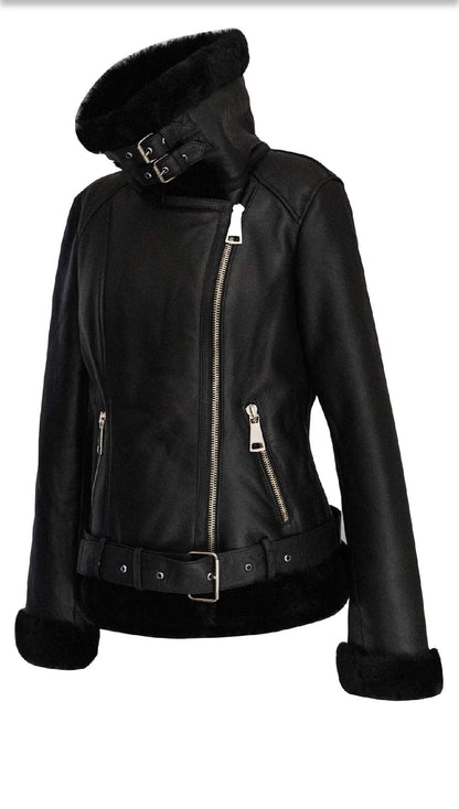 Women Sheepskin Shearling Leather Bomber Jacket Aviator WWII Bomber Jacket 100% Natural Wool Fur Pilot Jacket (Black- Fur)