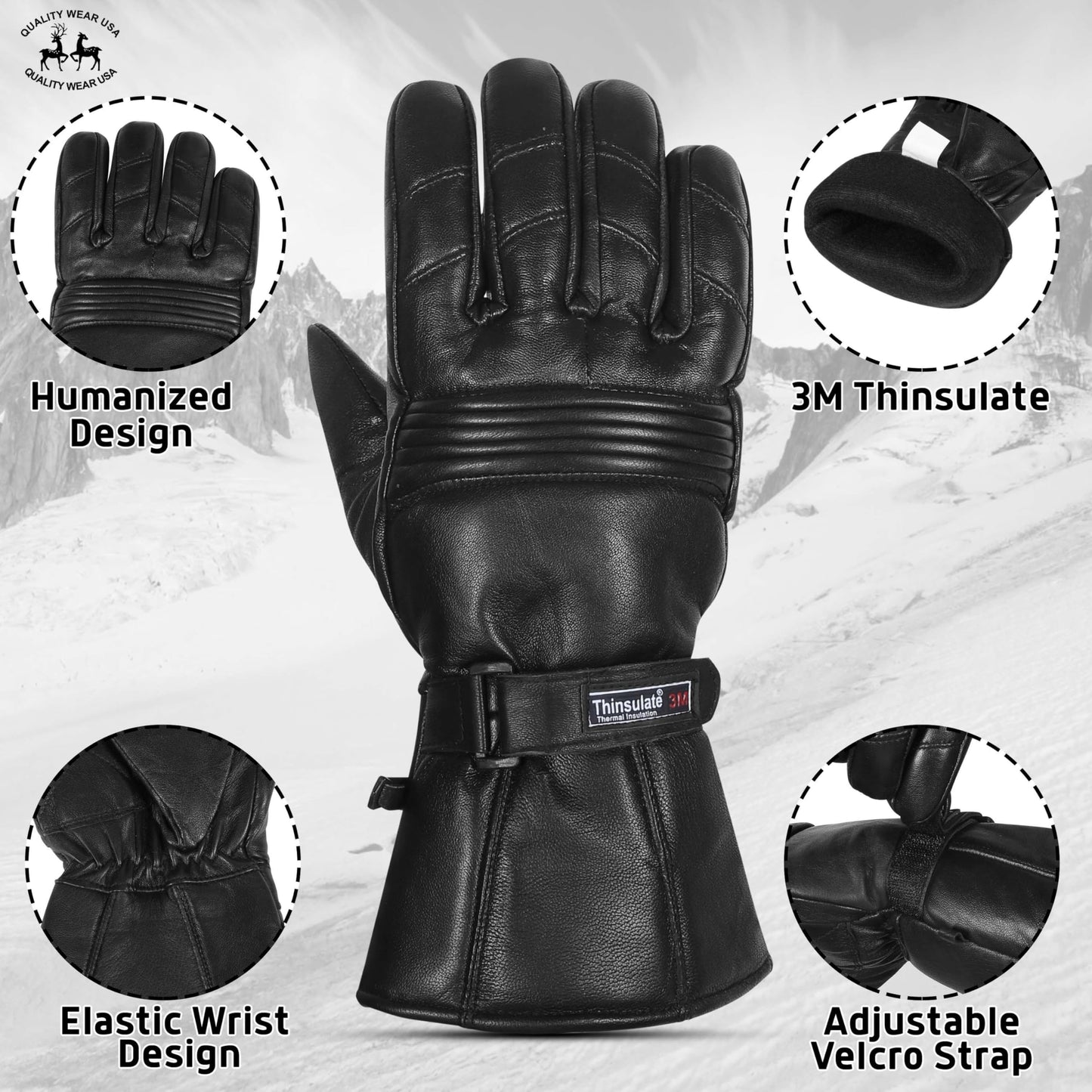 QUALITY WEARS USA Men Leather Gauntlet Motorcycle Gloves- Motorcycle Thermal Lined Gloves- Biker Winter Gauntlet Gloves