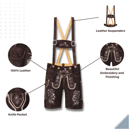 QUALITY WEARS USA Lederhosen Men - Authentic German Bavarian Lederhosen - Men Oktoberfest Lederhosen (Bronze Mocha Brown)