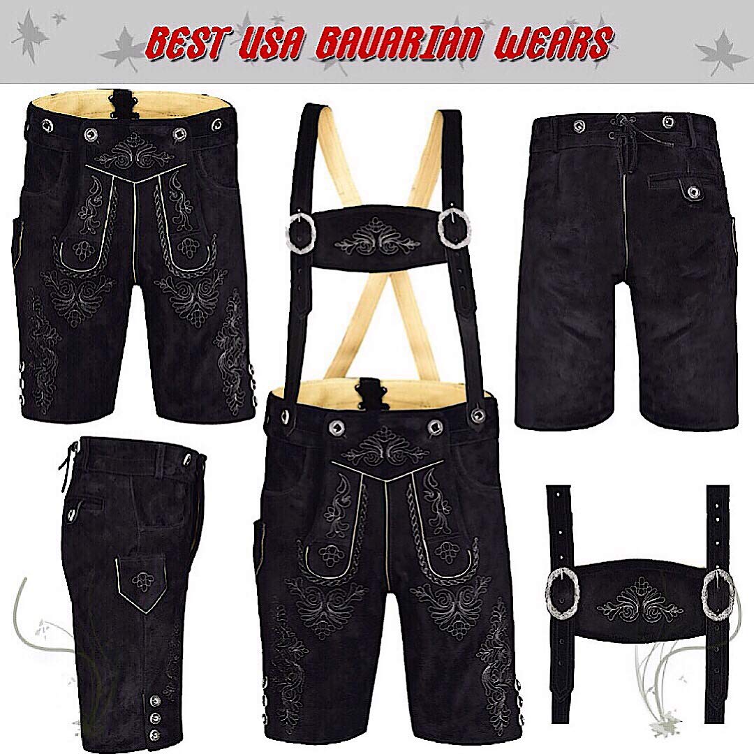 QUALITY WEARS USA Men Lederhosen - Authentic Lederhosen - Leather German Lederhosen for Men, Oktoberfest Outfit - Black
