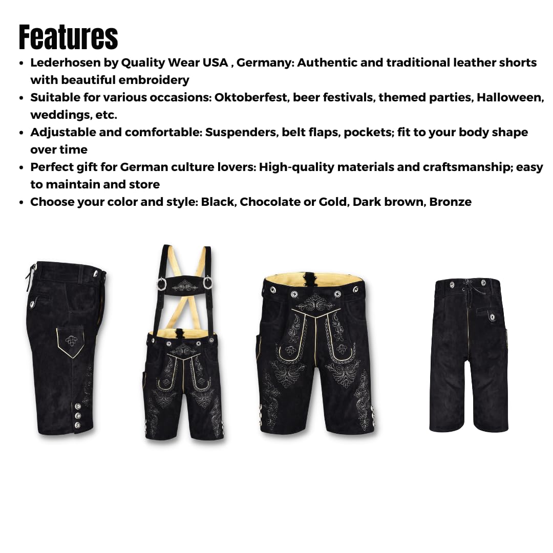 QUALITY WEARS USA Men Lederhosen - Authentic Lederhosen - Leather German Lederhosen for Men, Oktoberfest Outfit - Black