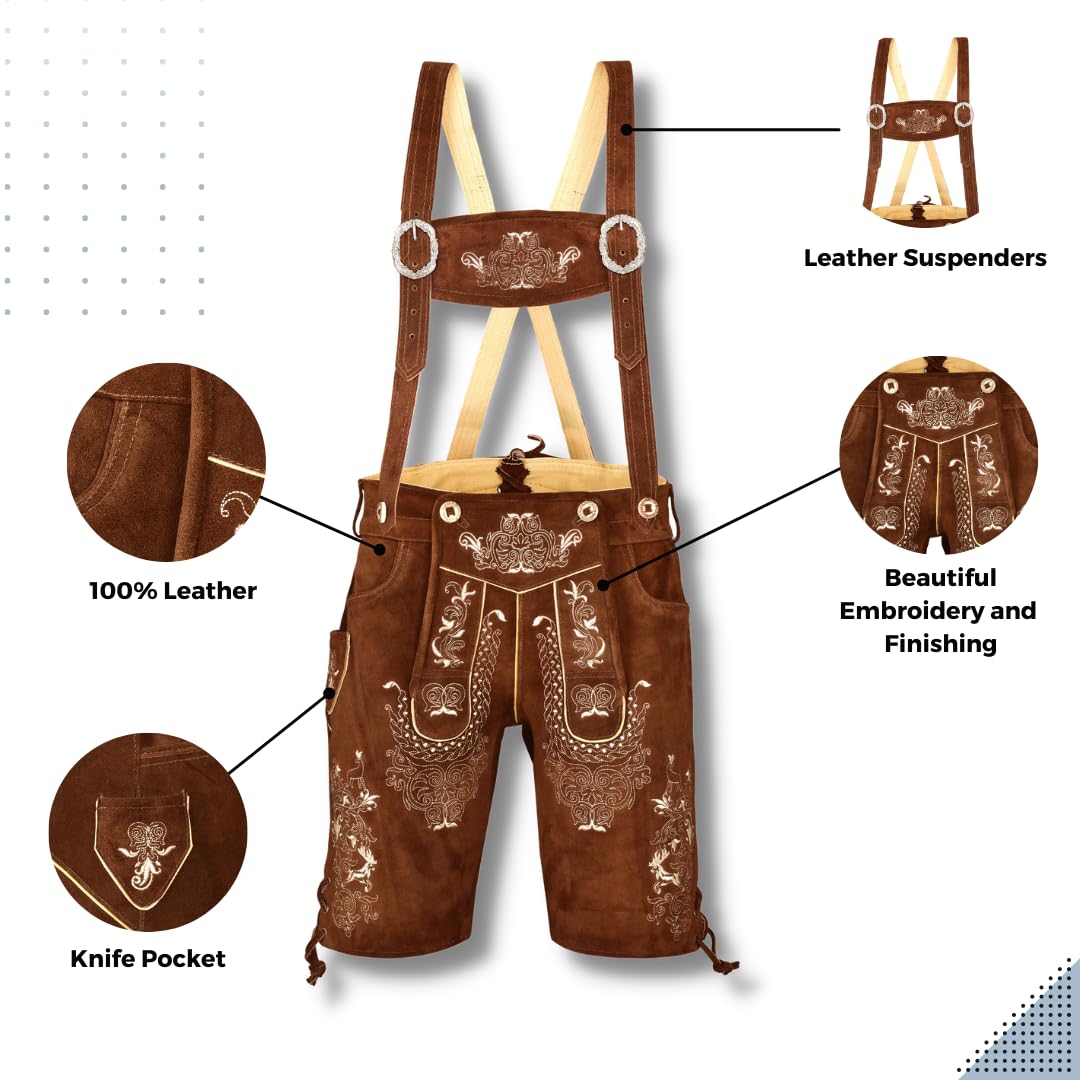 QUALITY WEARS USA Men Lederhosen - Authentic Lederhosen - Leather German Lederhosen for Men, Oktoberfest Outfit - Light Brown