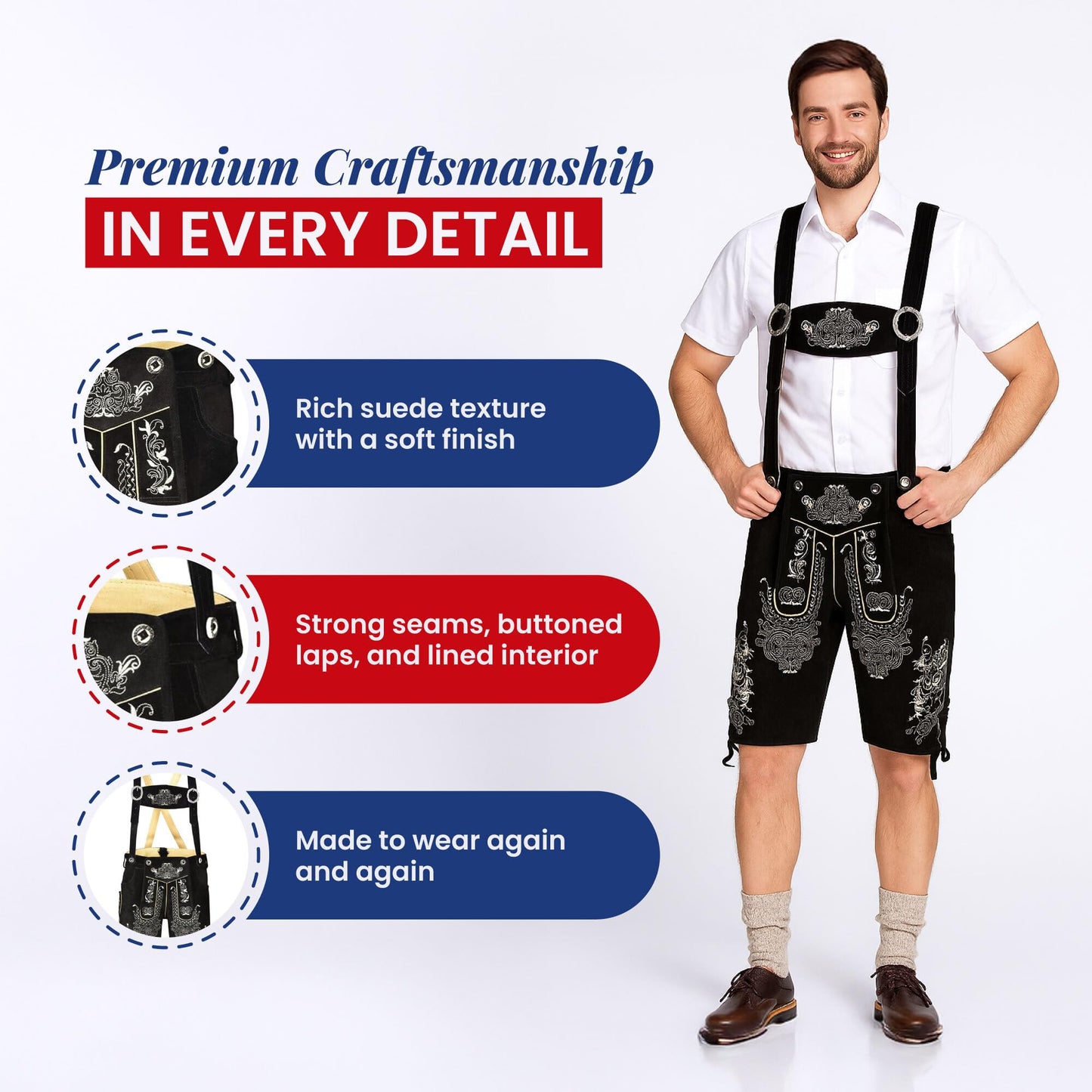 QUALITY WEARS USA Lederhosen Men - Authentic Lederhosen - Leather German Lederhosen for Men, Oktoberfest Outfit - Black