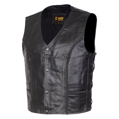 QUALITY WEARS USA Motorcycle Leather Vests for Men Braided - Leather Motorcycle Conceal Carry Vest - Men Biker Leather Vest