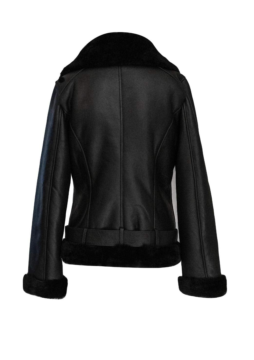 Women Sheepskin Shearling Leather Bomber Jacket Aviator WWII Bomber Jacket 100% Natural Wool Fur Pilot Jacket (Black- Fur)